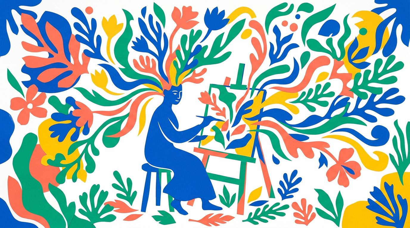 A paper cut-out illustration: a person painting at an easel while leaves, flowers and bold organic shapes burst out of their head and the canvas