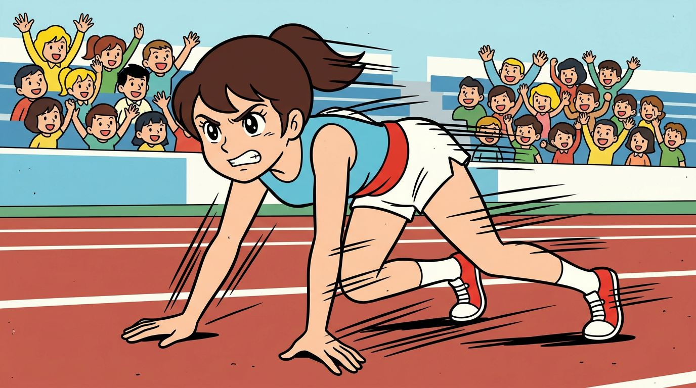 A retro cartoon illustration: a runner who has just tripped on a track pushing herself back up with a determined look, dynamic speed lines, a cheering crowd behind