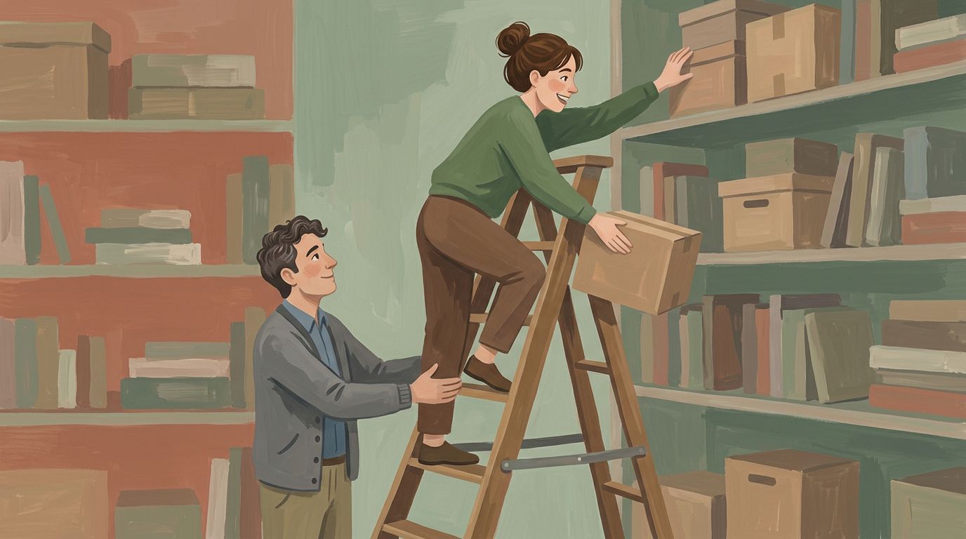 A gouache illustration: a woman on a tall ladder reaching for a high shelf while a colleague steadies the ladder from below and passes her a box