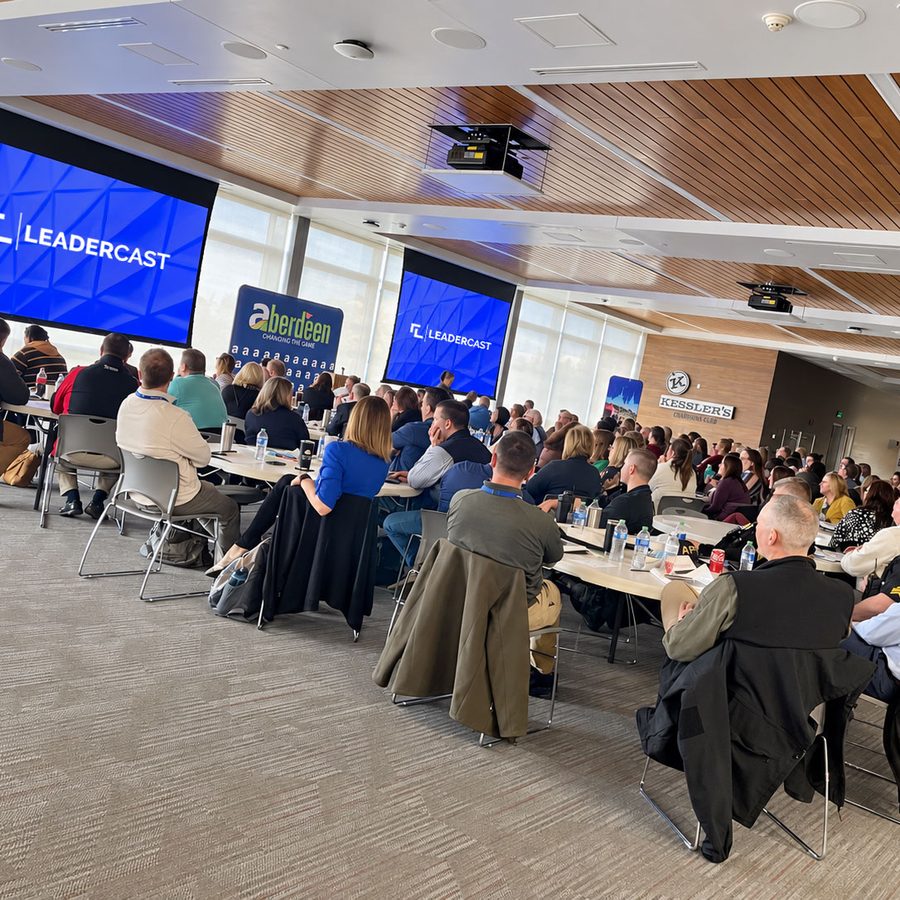 A full room at a chamber of commerce Leadercast event