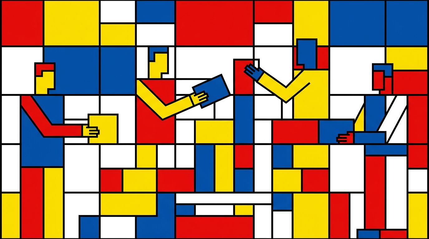 A bold grid illustration in red, yellow and blue: four people assembling large colored blocks together into one structure that fits the grid, hands passing pieces to each other