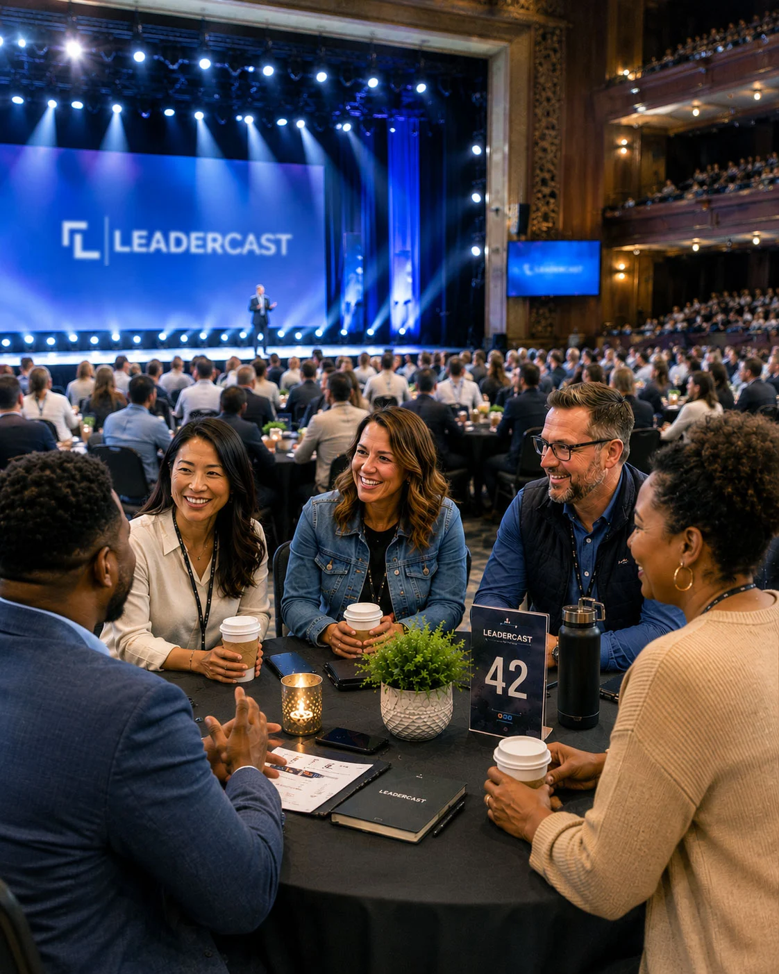 People connecting around a table at a Leadercast event