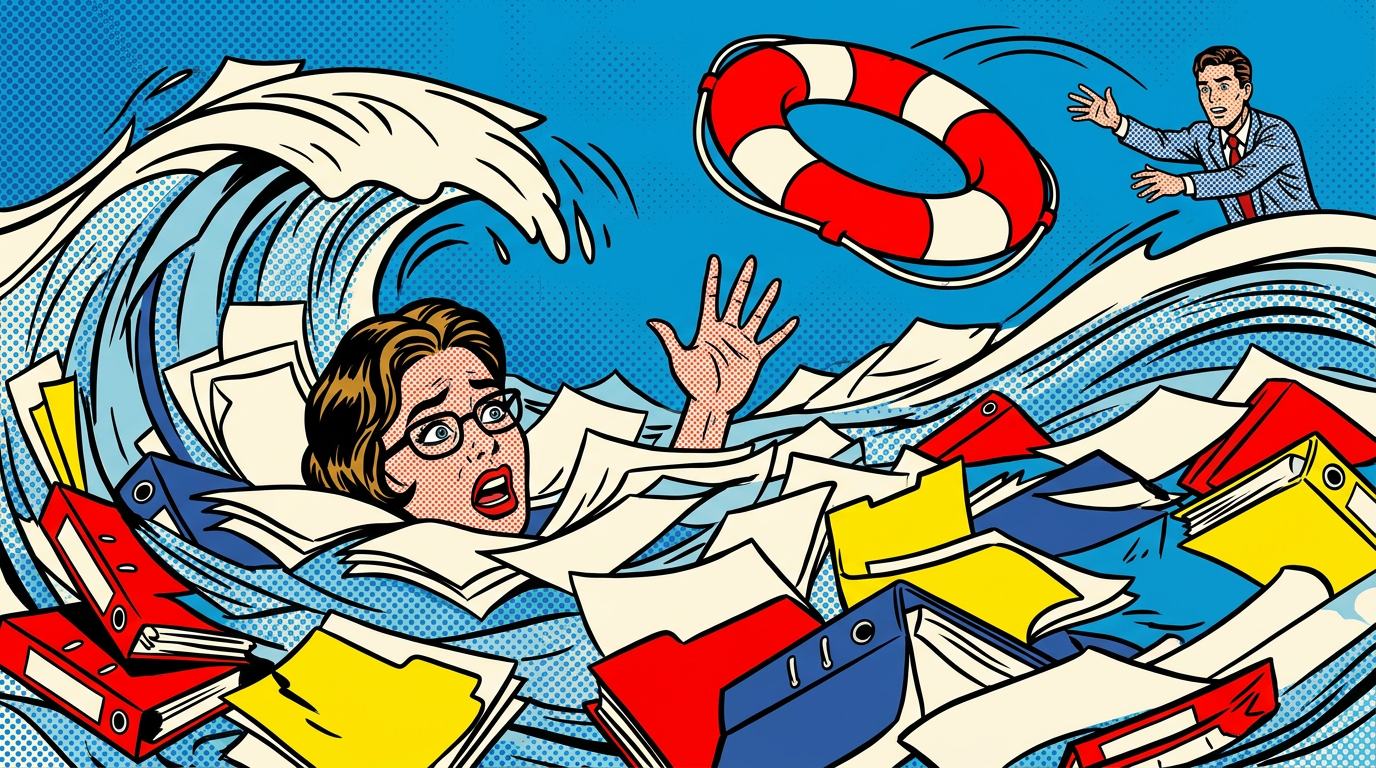 A pop art illustration: a comic-panel teacher swimming through a sea of paperwork and binders, only her head and one hand above the paper waves, a colleague throwing her a life ring