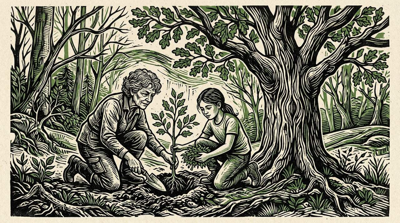 A linocut print: an older woman and a young colleague planting a sapling together, a tall grown tree beside them that the older woman planted years ago