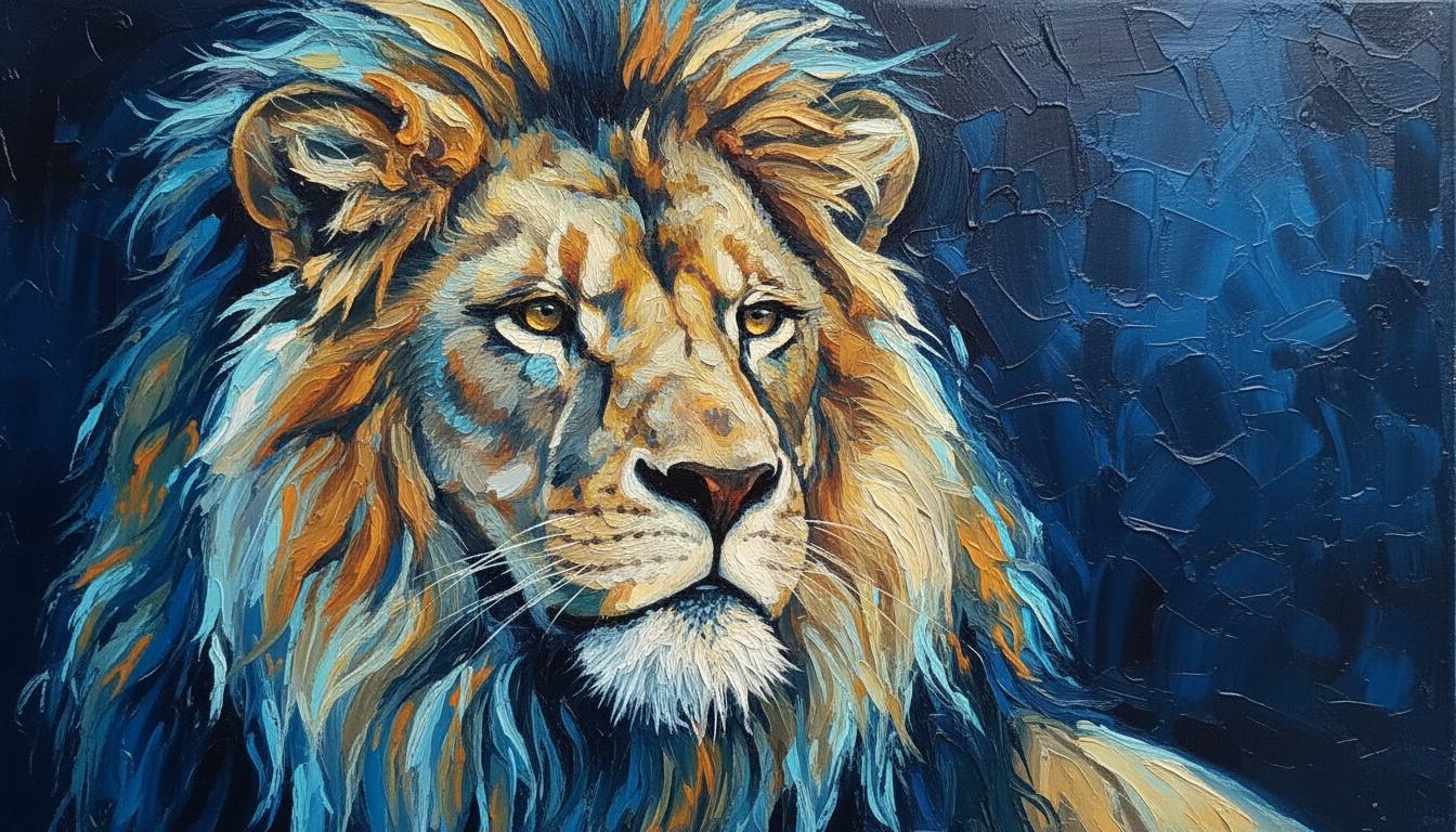An oil painting of a lion’s face in bold golden and cyan brushstrokes against a deep navy background