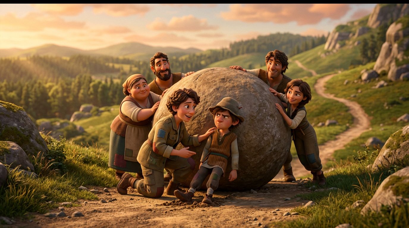 A 3D animated-film style illustration: a team pushing a big round boulder up a gentle slope while one reluctant member digs in his heels