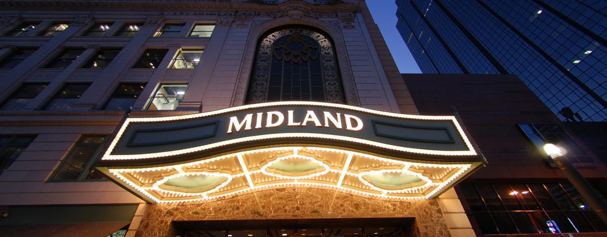 The illuminated Midland Theatre marquee in Kansas City