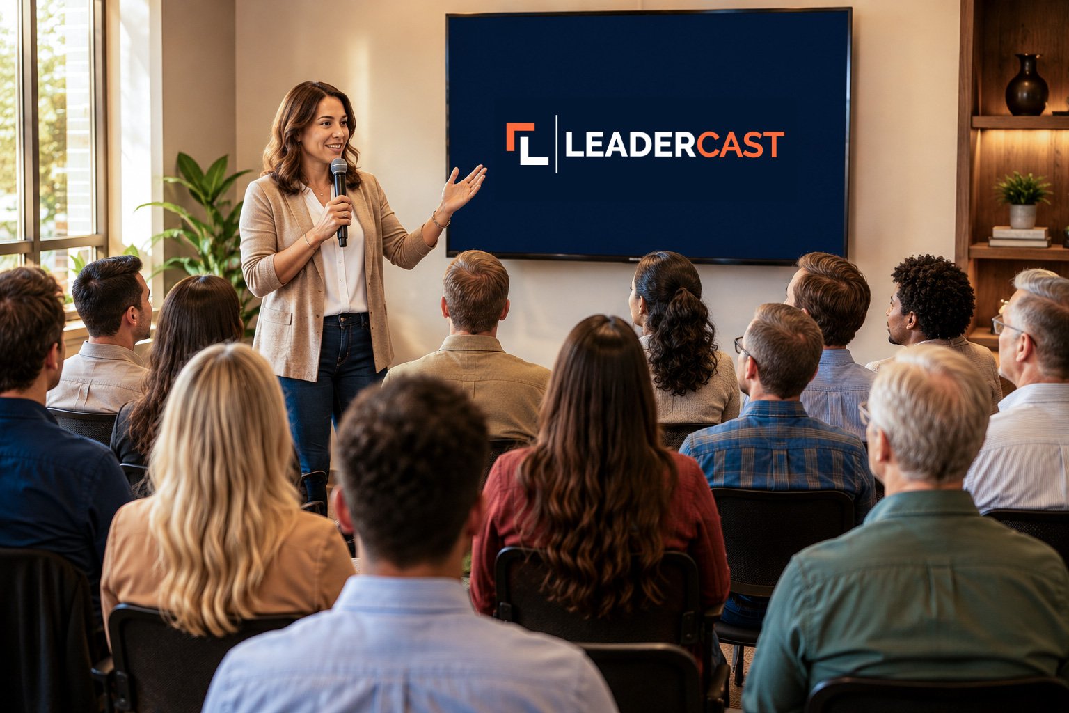 A speaker presenting to an audience in front of a Leadercast screen