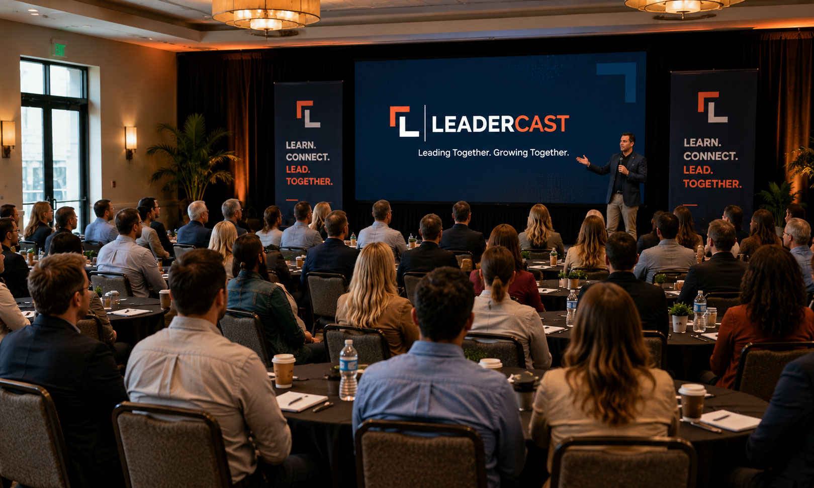 A room full of attendees watching a Leadercast host event