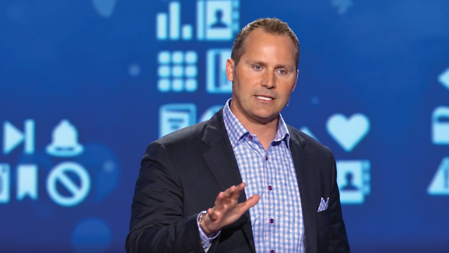 Rorke Denver speaking on the Leadercast stage