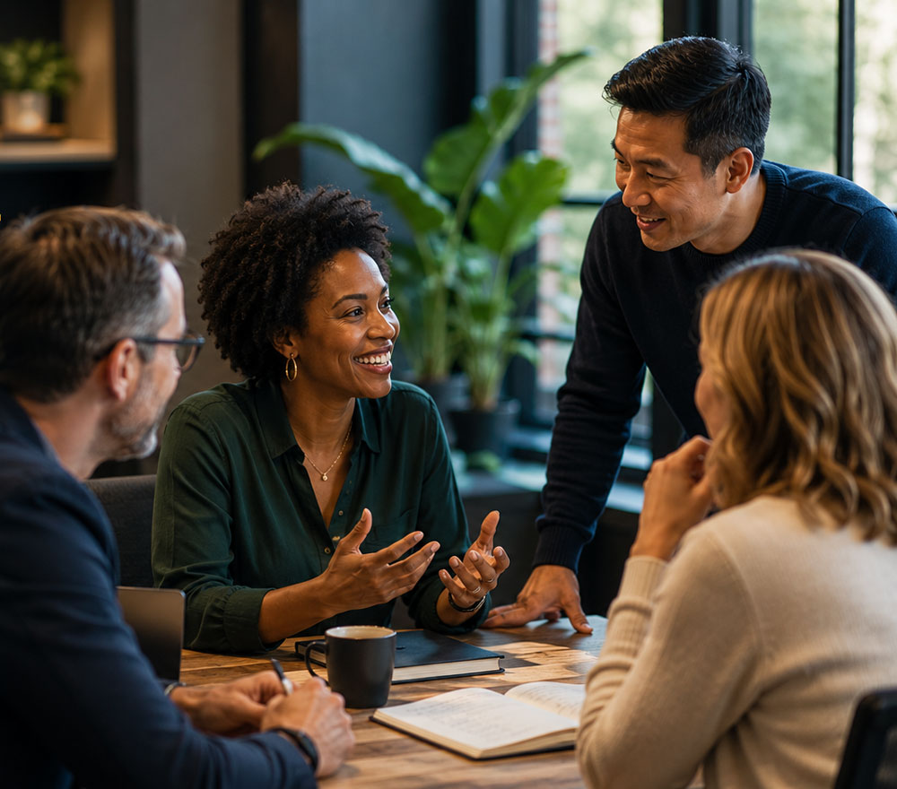 A small group talking together around a table
