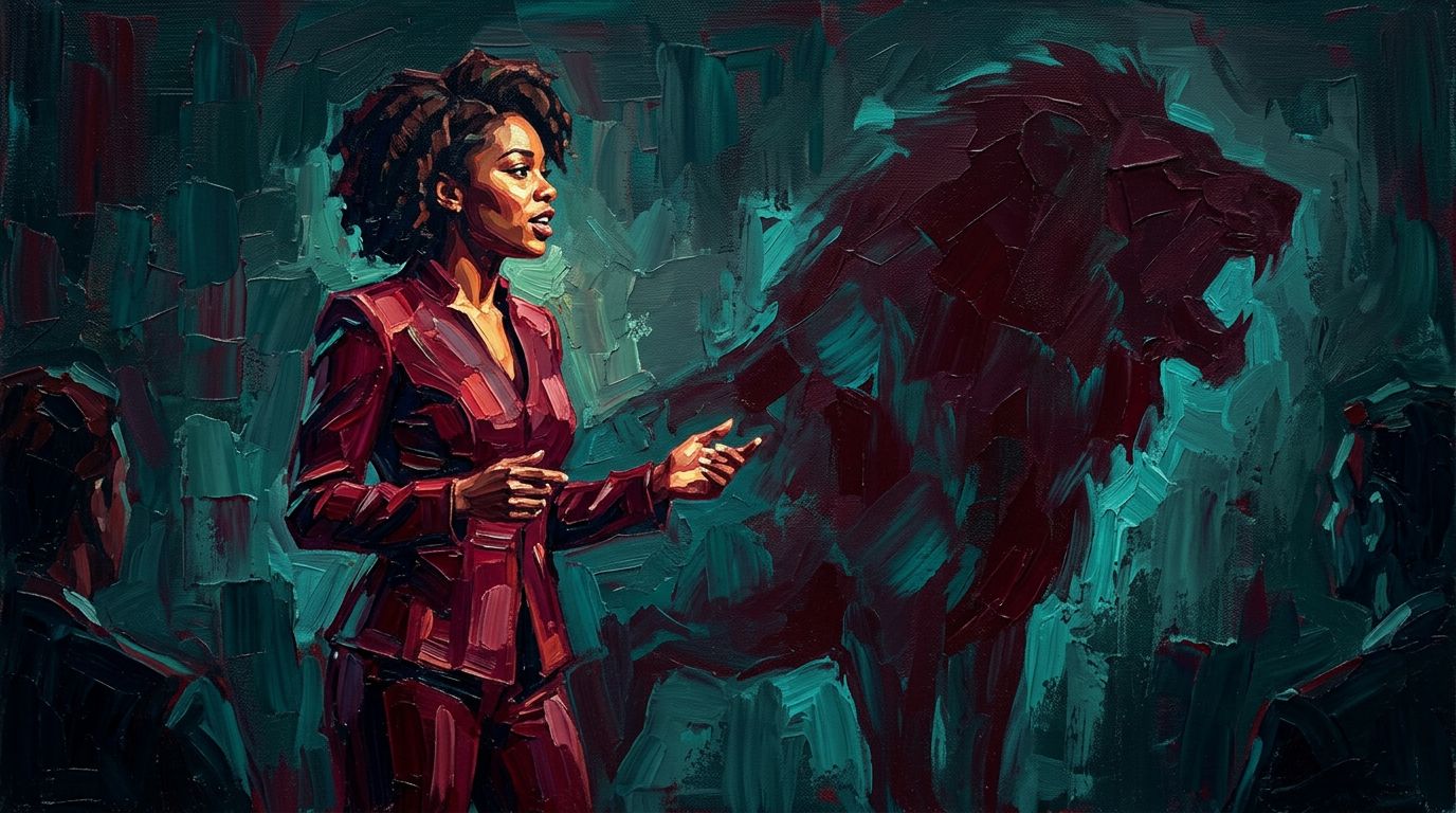 A bold oil painting: a young woman standing up to speak in a dim meeting room, her shadow cast large on the wall behind her in the shape of a lion