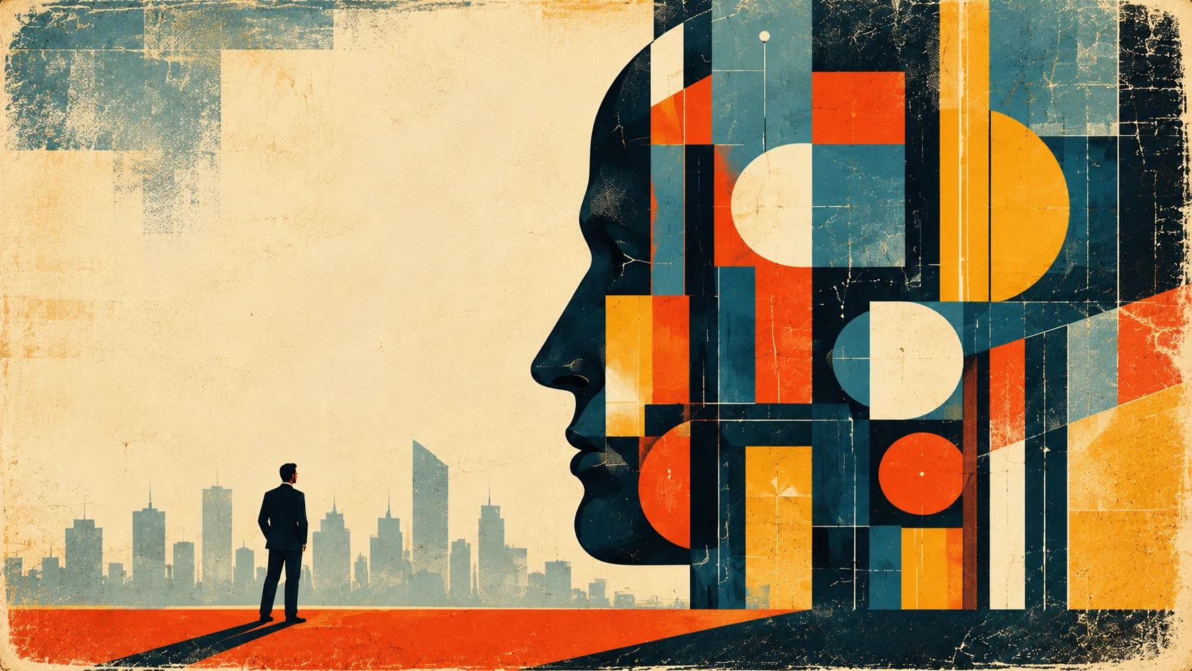 An illustration of a man looking out at a city skyline beside a giant human profile built from colorful geometric blocks
