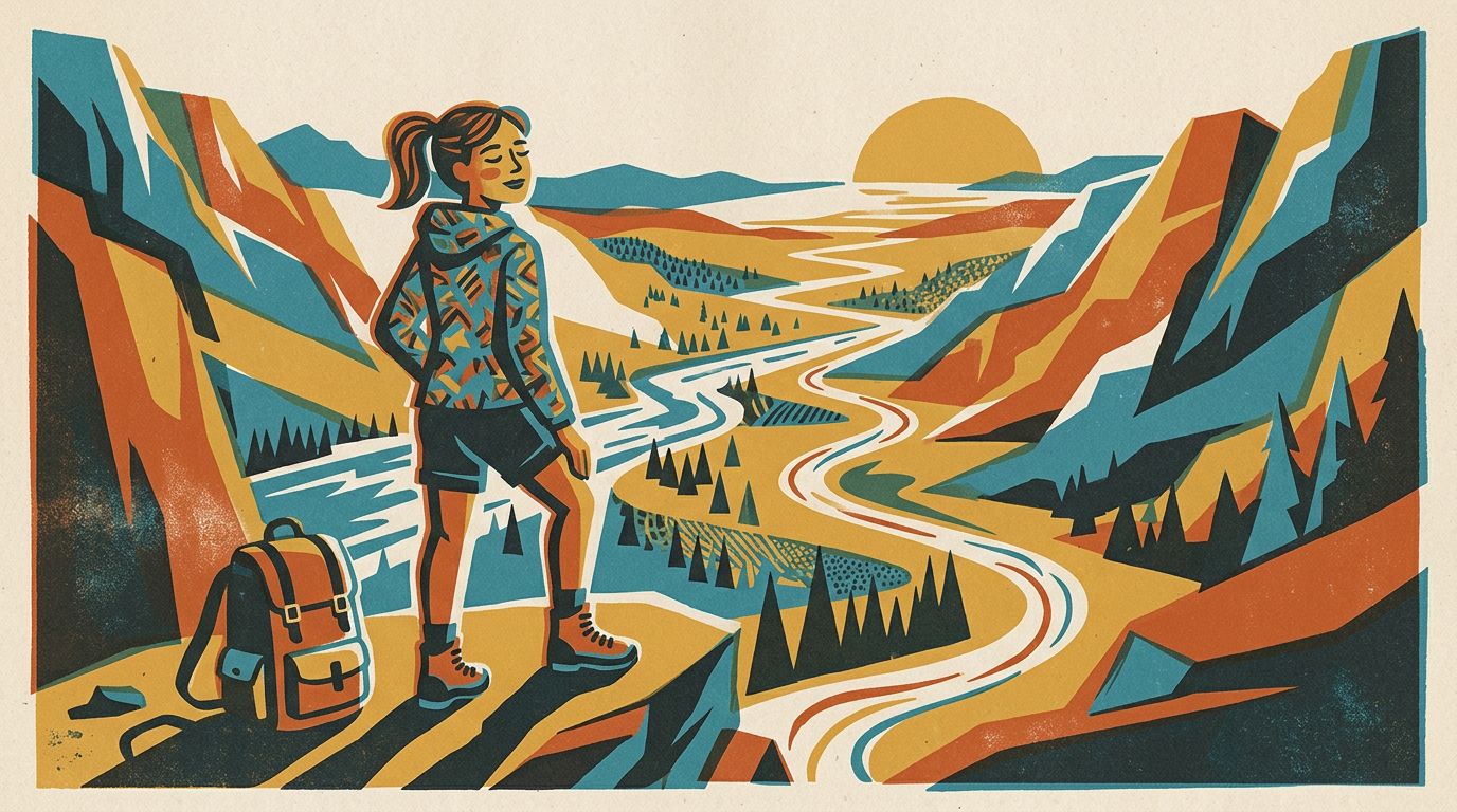 A mid-century screen print: a hiker standing still at a mountain overlook, breathing deeply and taking in the wide valley and the winding trail ahead, a backpack set down beside her