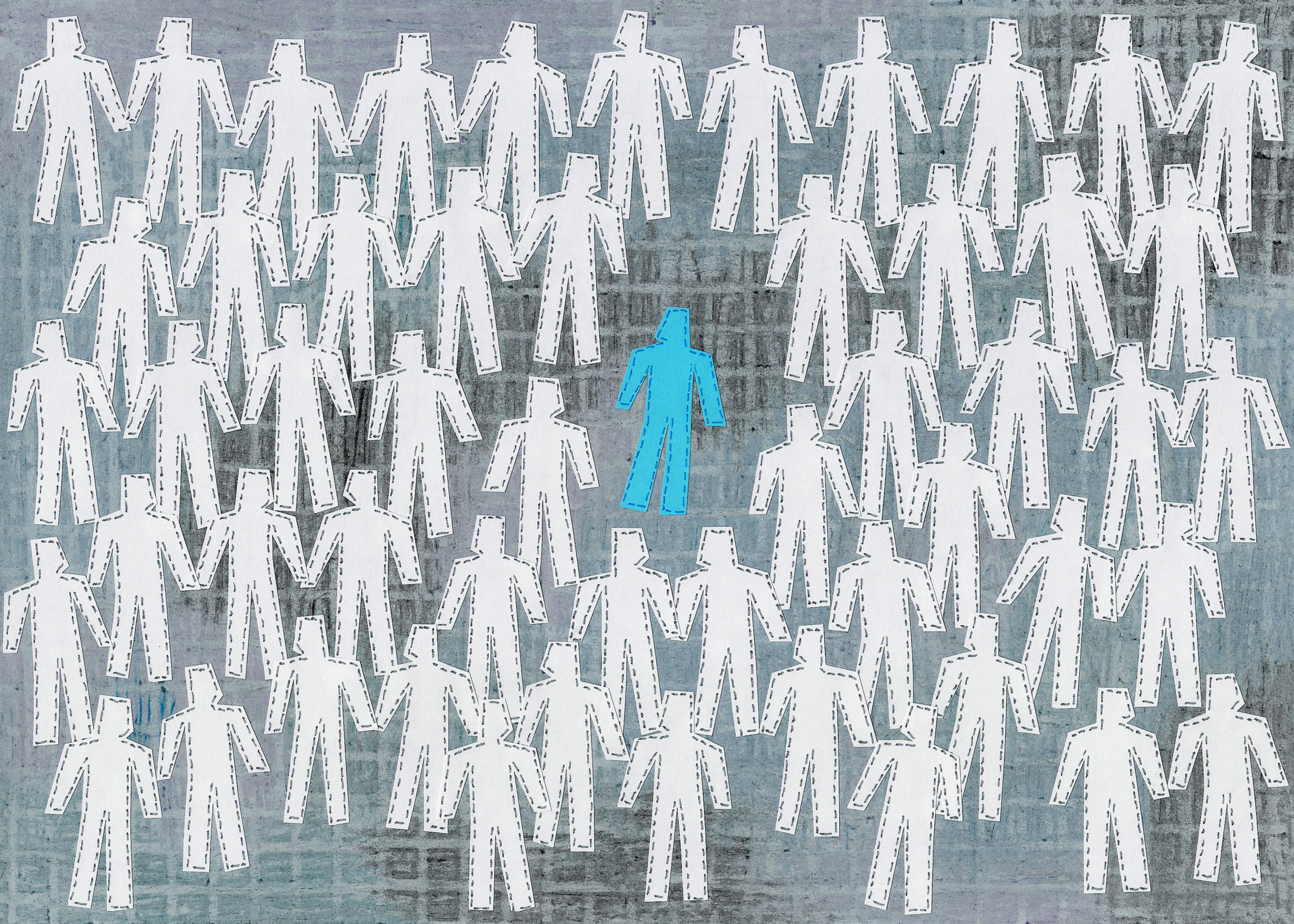 Paper collage of lots of human silhouettes and only one blue in the middle